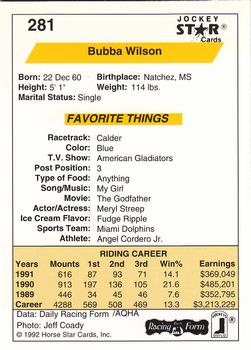 1992 Jockey Star #281 Bubba Wilson Back